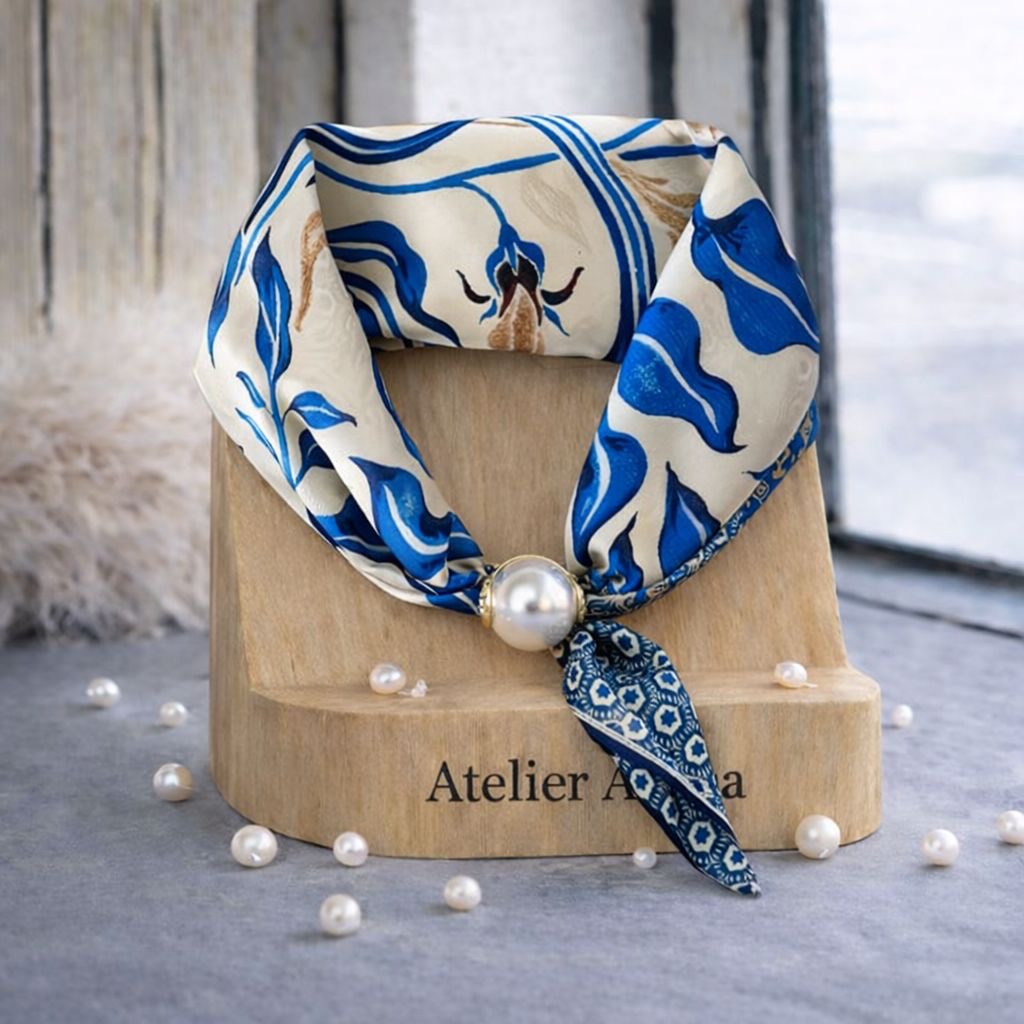 Scarf with Blue Waves and Pearl