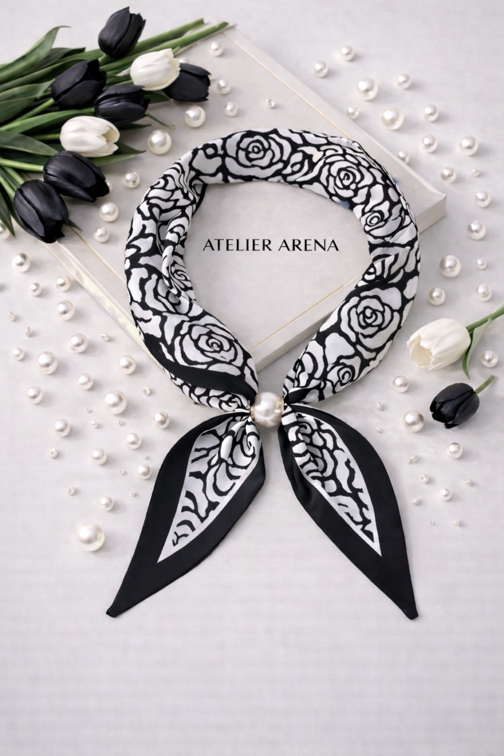 Black and White Scarf with Rose Motif and Pearl
