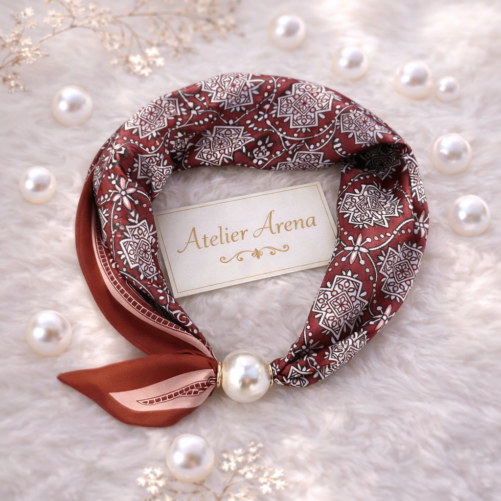 Bordeaux Scarf with Mandala Pattern and Pearl
