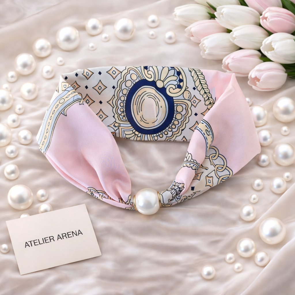 Pink and White Silk Scarf with Mandala Pattern and Pearl