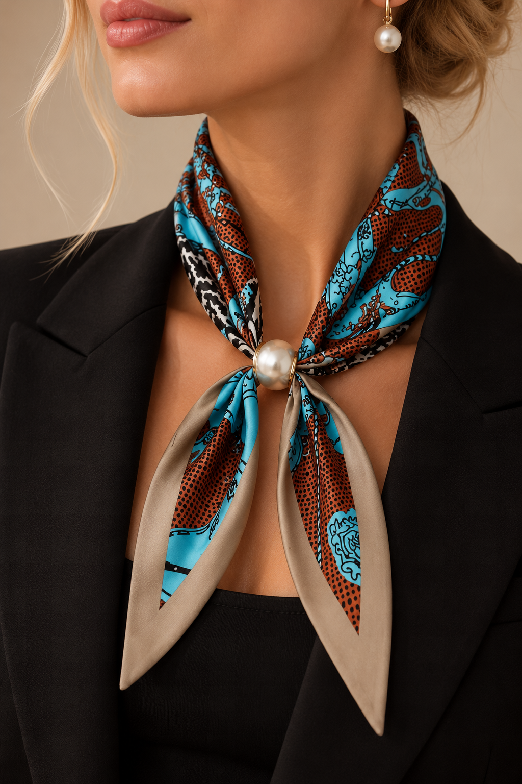 Turquoise & Brown Scarf with Pearl Clip