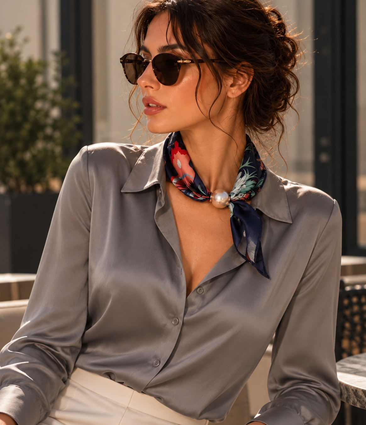 Satin Floral Scarf with Pearl Detail