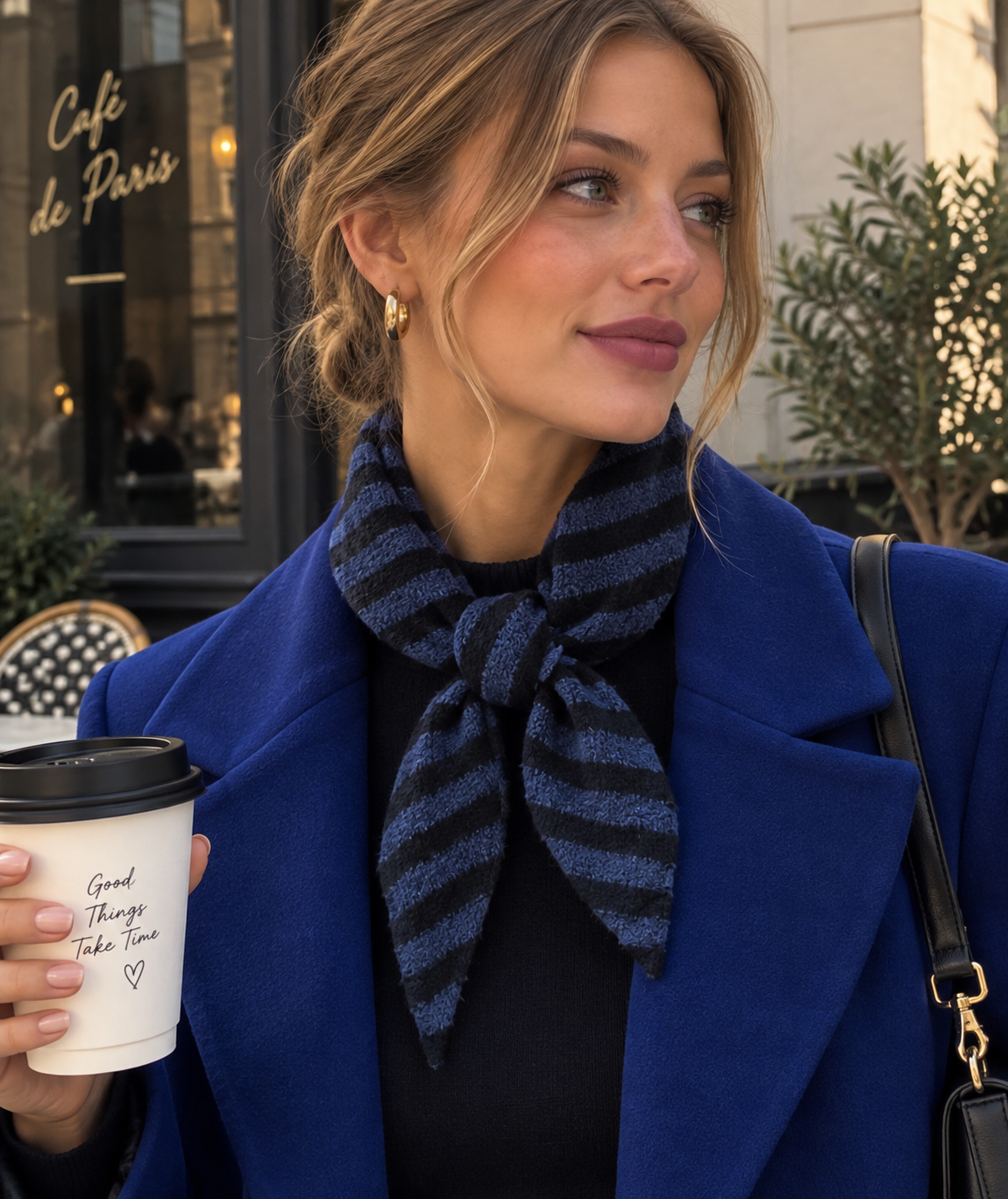 Soft Stripe Triangle Scarf – Black & Blue