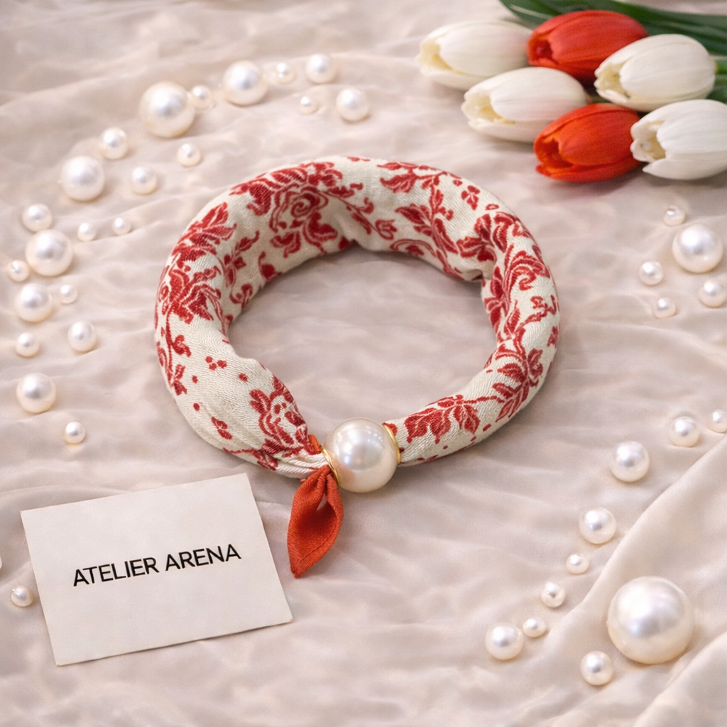 White-Red Scarf with Floral Motif and Pearl
