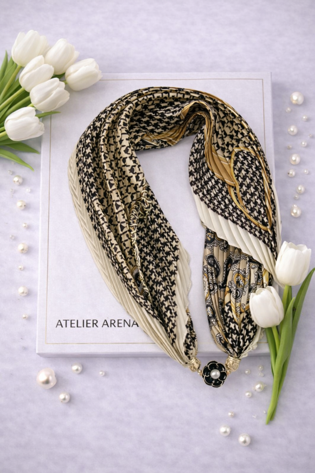 Beige-Black Pleated Scarf with Houndstooth