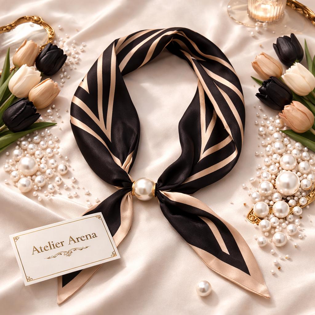 Black and Beige Scarf with Stripe Pattern and Pearl