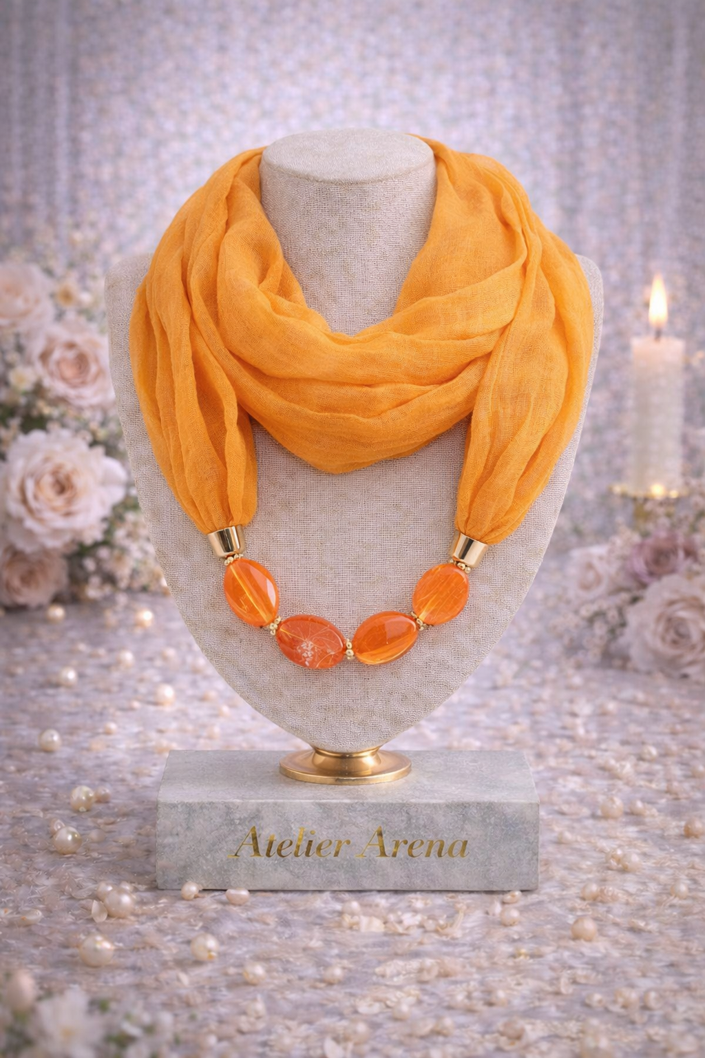 Orange Scarf Necklace with Orange Stones