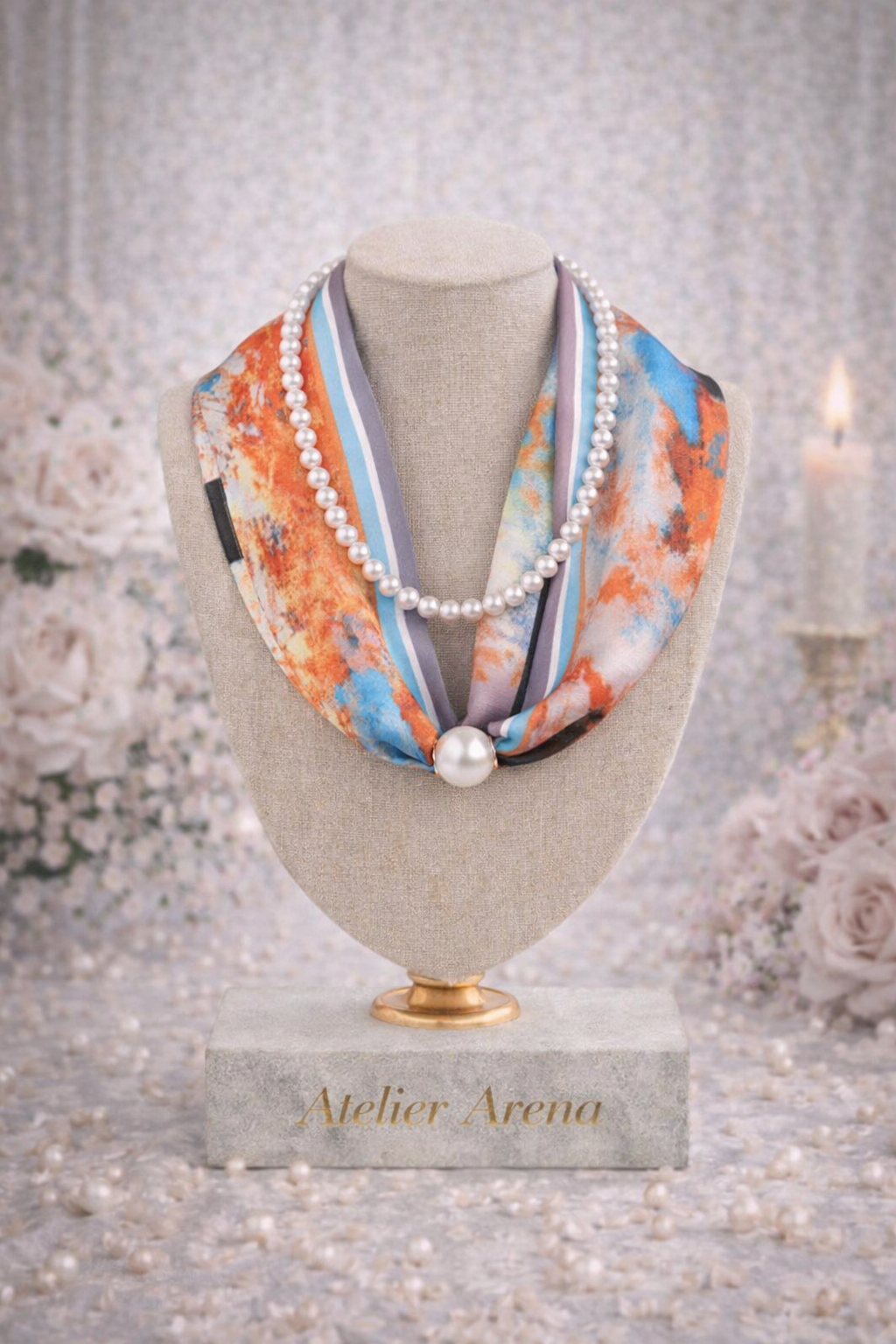 Scarf with Pearl Necklace - Orange & Blue - Bundle