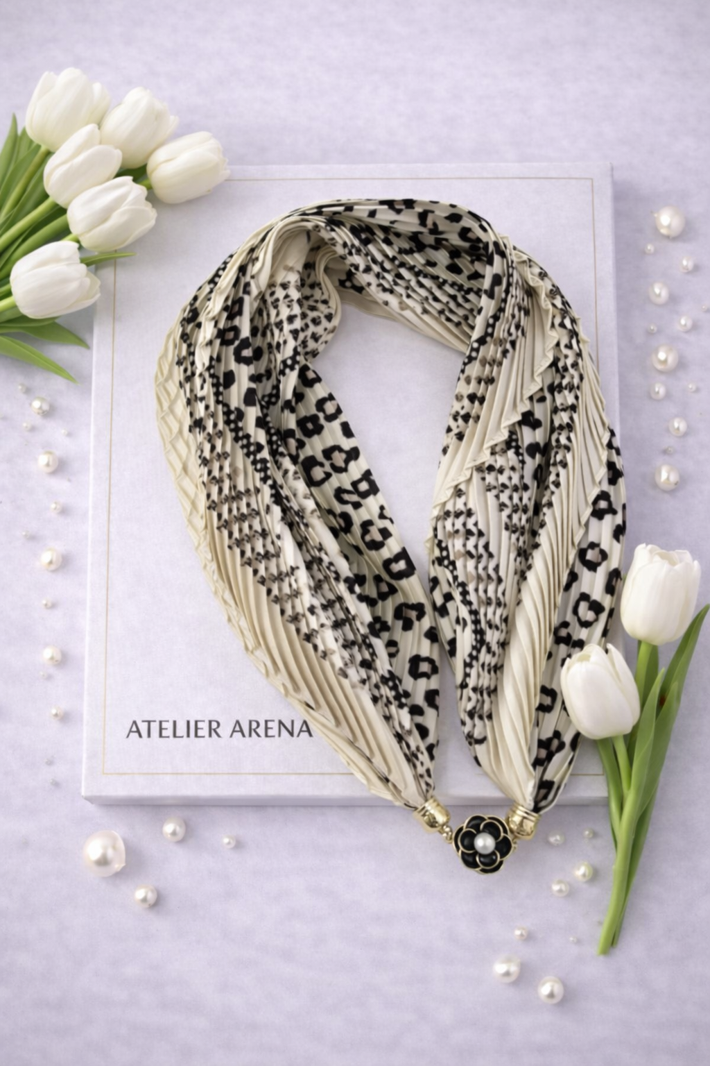 Beige-Black Pleated Scarf with Leopard Print