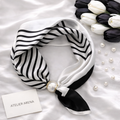 Black and White Scarf with Striped Pattern and Pearl