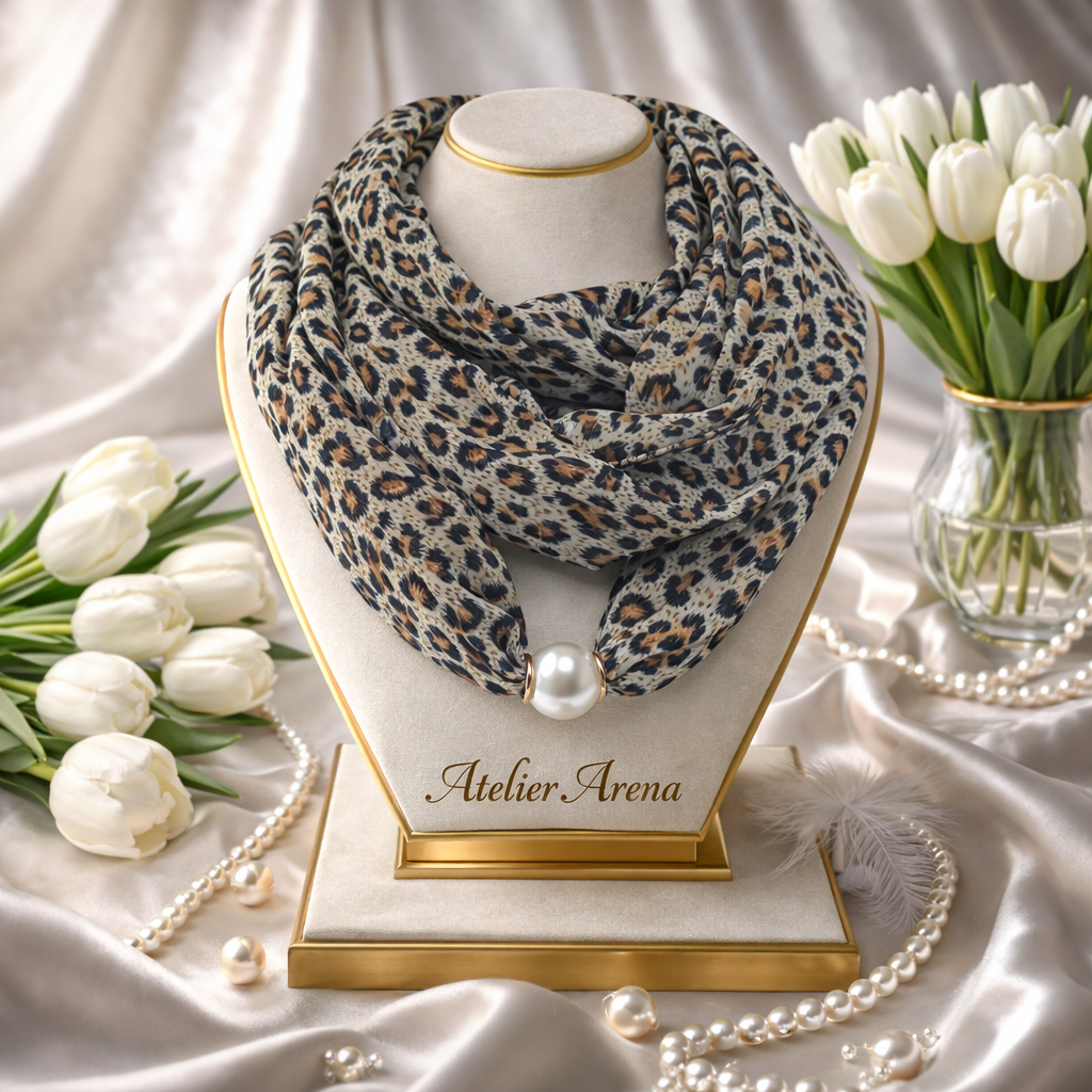 Leopard Print Scarf with Pearl
