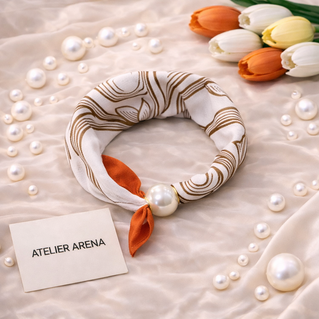 White-Gold Scarf with Wave Pattern and Pearl