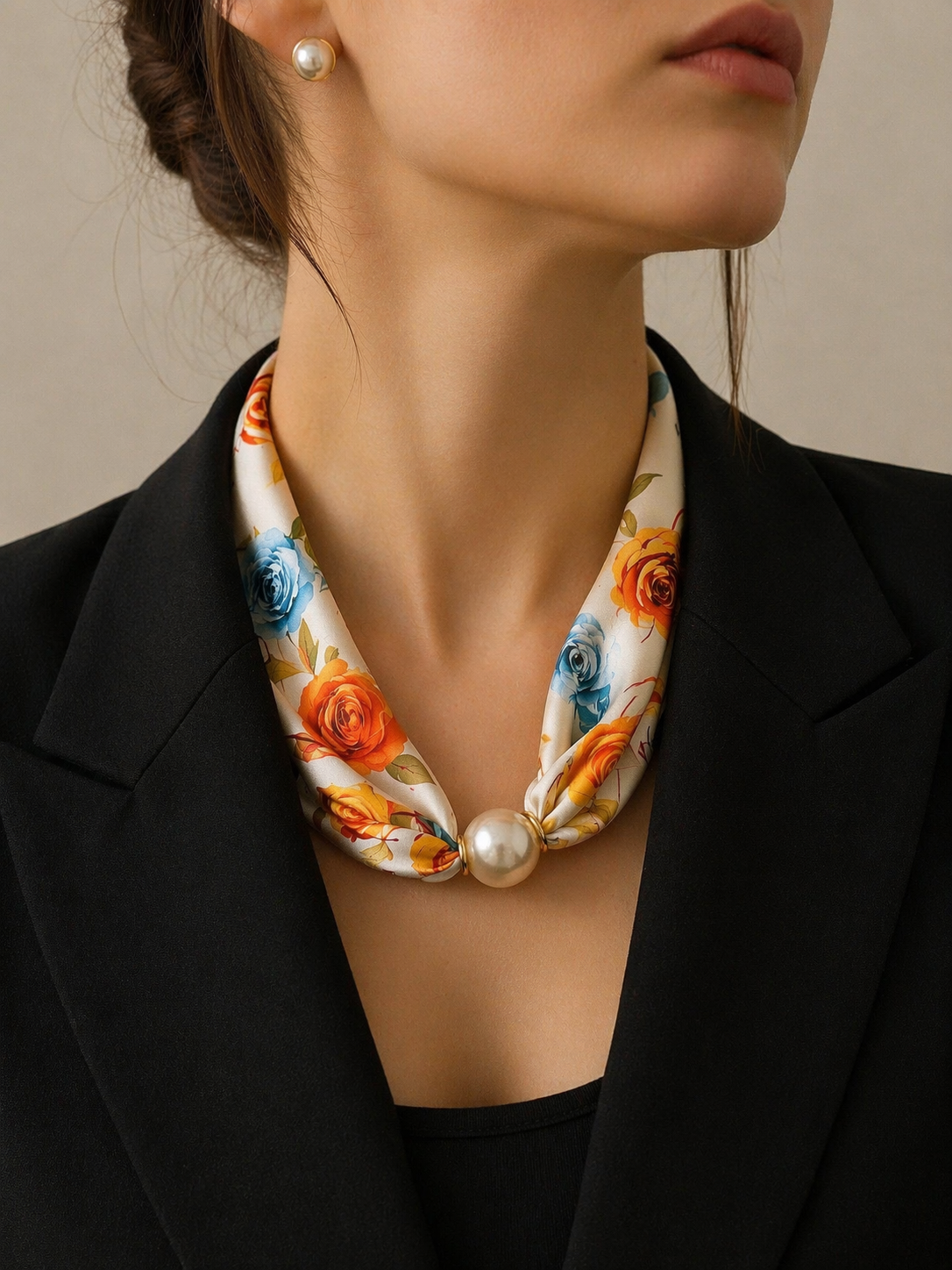 Luxury Satin Scarf with Pearl – Floral Mix