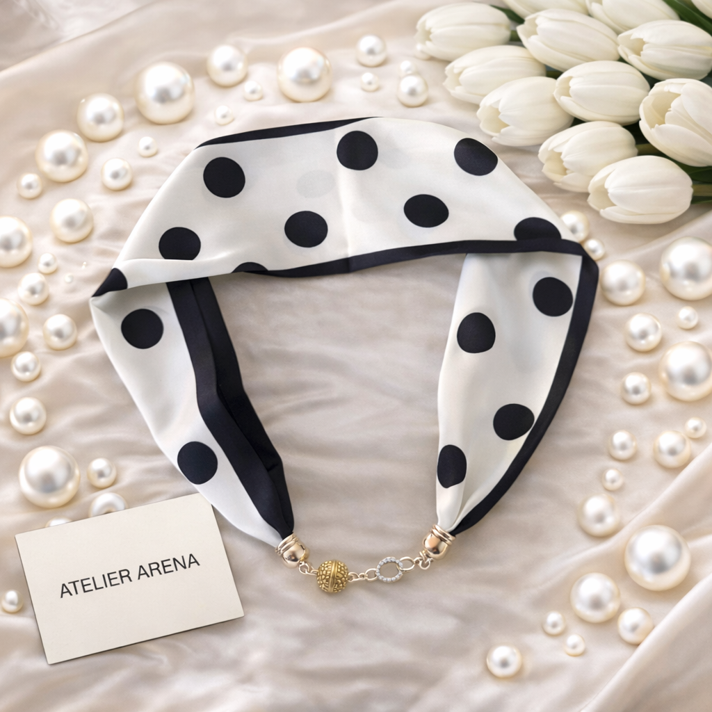 White Scarf with Black Dots and Pearl Necklace