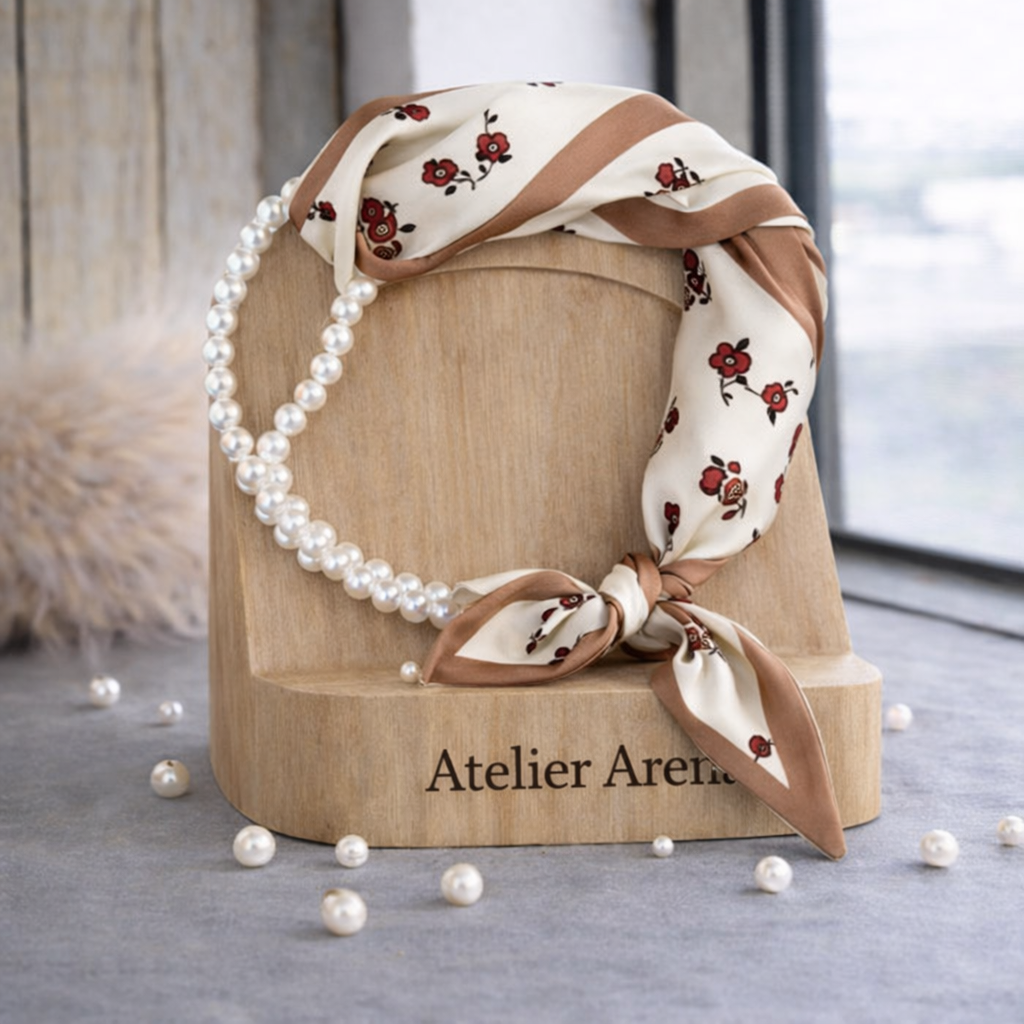 Flower scarf with pearl necklace