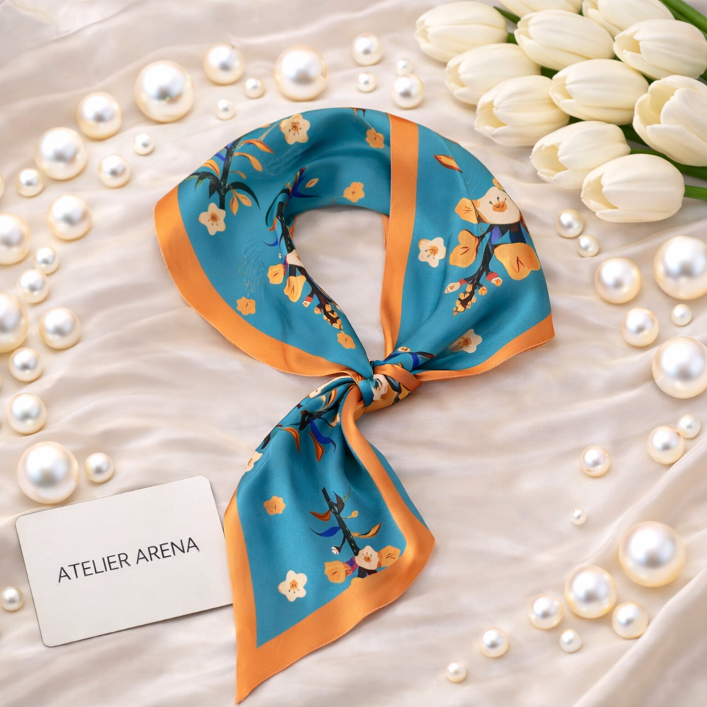 Turquoise Scarf with Blossom Branch and Orange Border