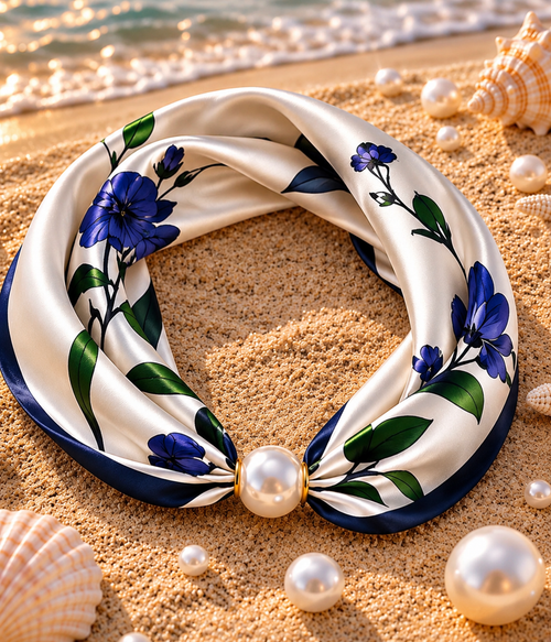 Cream Satin Scarf with Pearl