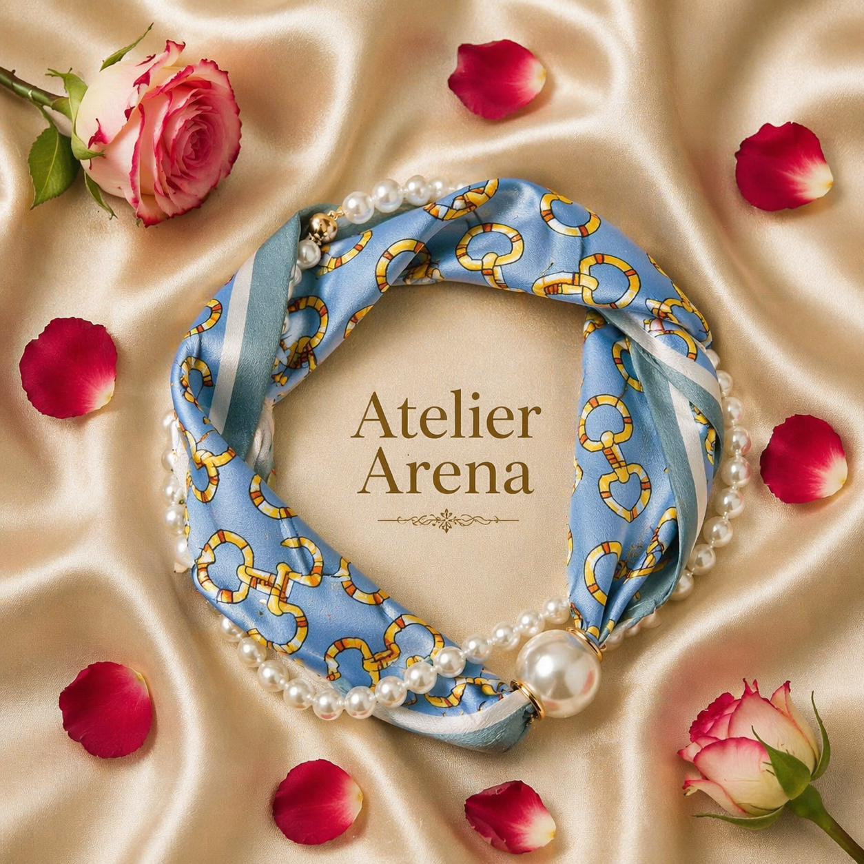 Luxury Pearl Scarf & Necklace Set – Light Blue & Gold