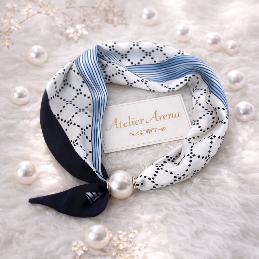 Blue and White Scarf with Geometric Pattern and Pearl