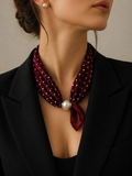 Silk Scarf with Pearl – Bordeaux Dots