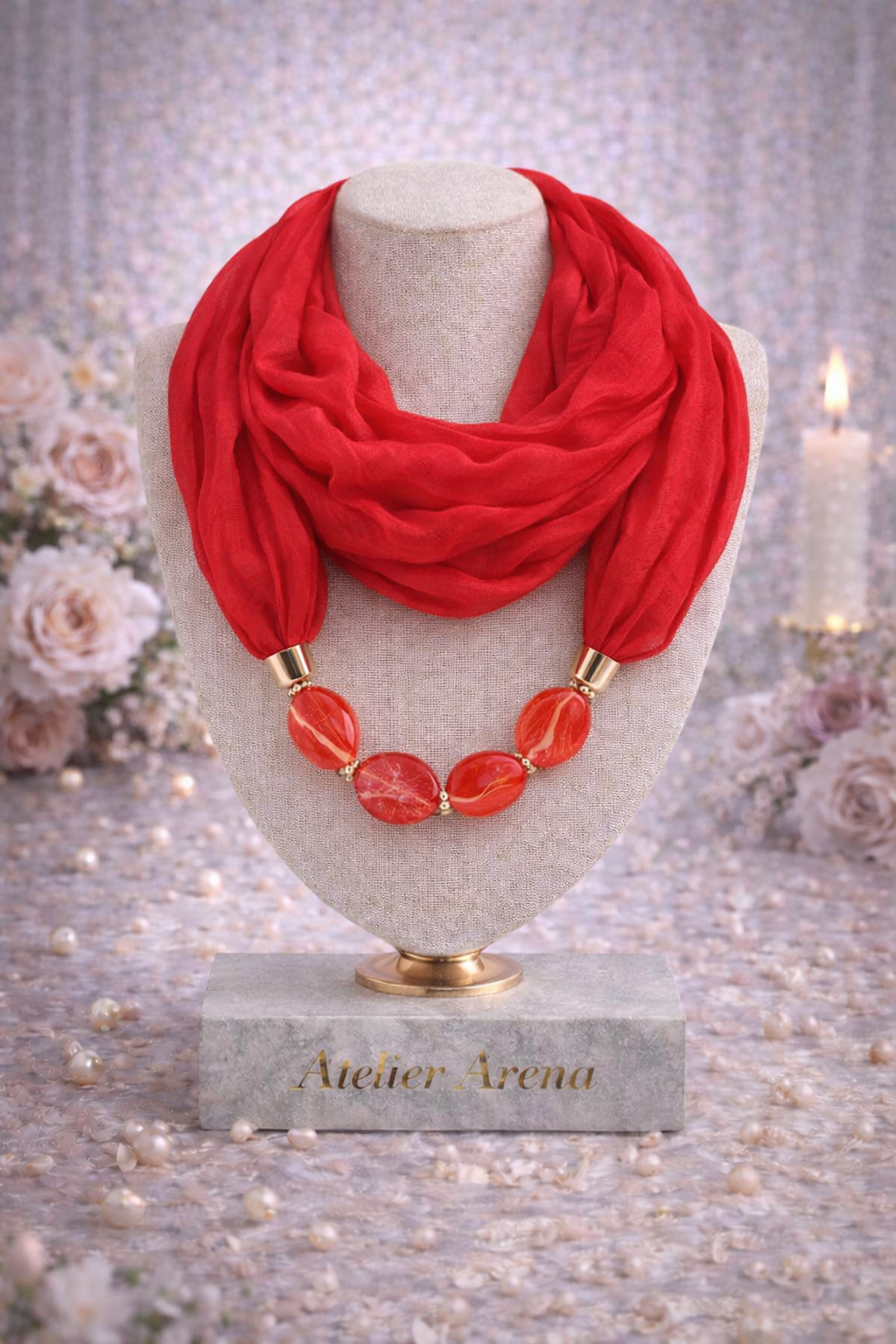 Red Scarf Necklace with Red Stones