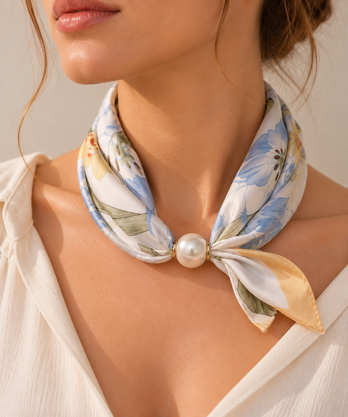 Spring Flower Scarf with Pearl Clasp
