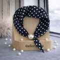 Luxurious Silk Scarf with Pearl - Black Polka Dot