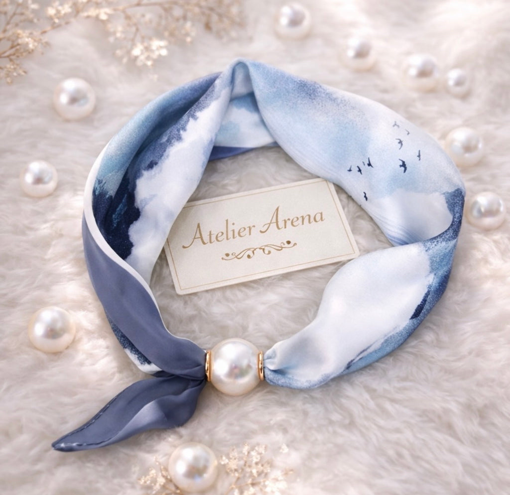 Blue Scarf with Birds and Pearl