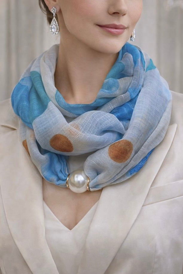 Luxurious Scarf with Pearl Detail - Blue &amp; Dots