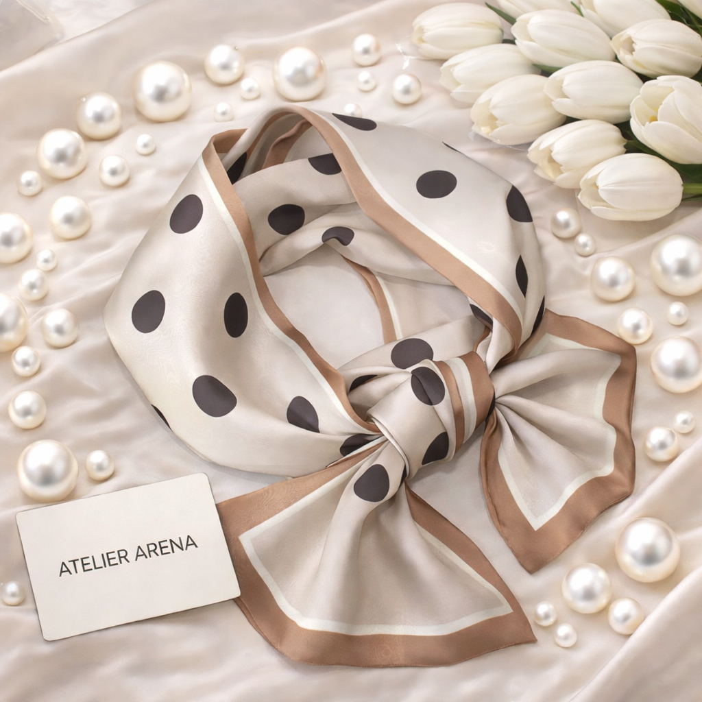 Beige Scarf with Black Dots and Camel Edge