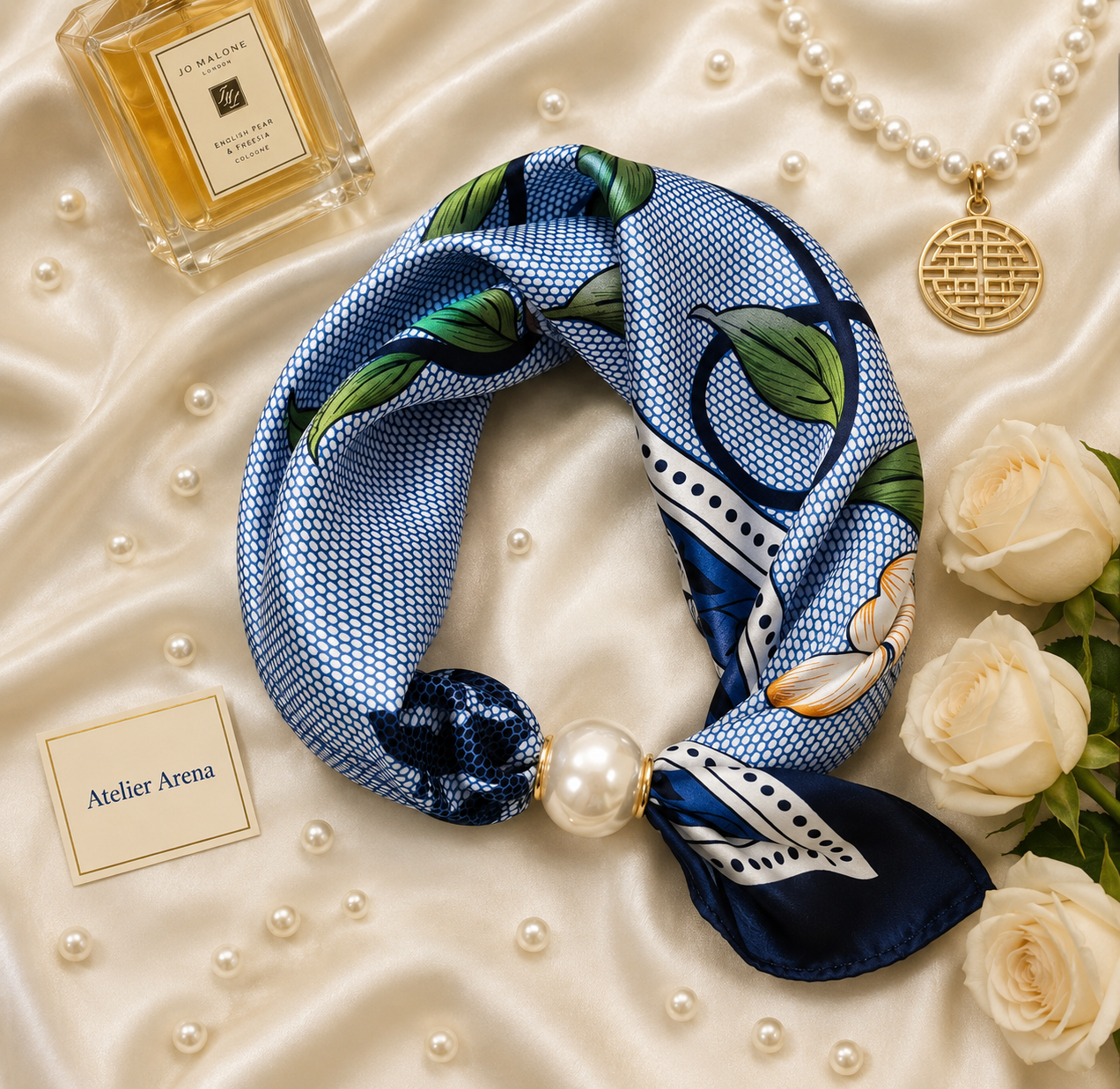 Royal Blue Satin Scarf with Pearl Clip