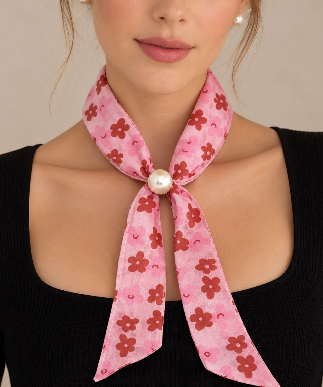 Pink Floral Scarf with Pearl Buckle