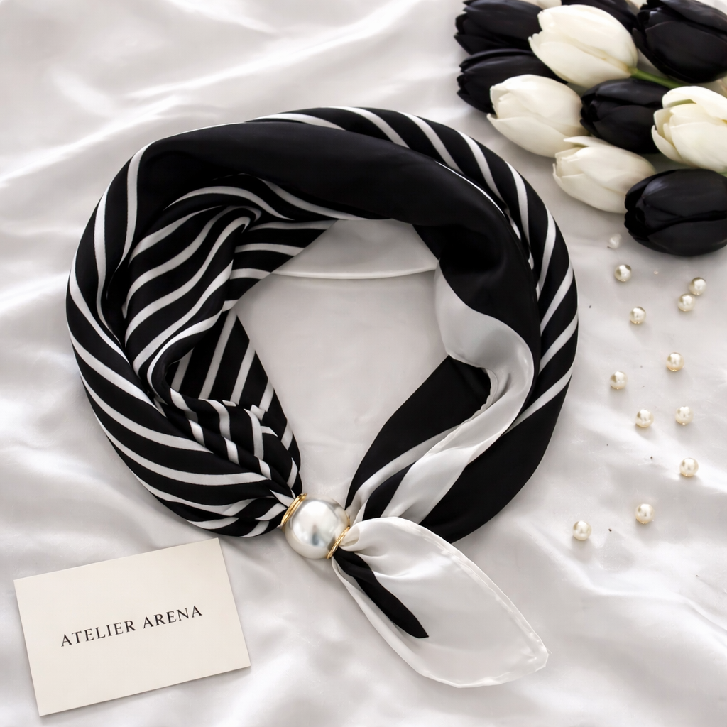 Black and White Scarf with Stripes and Pearl