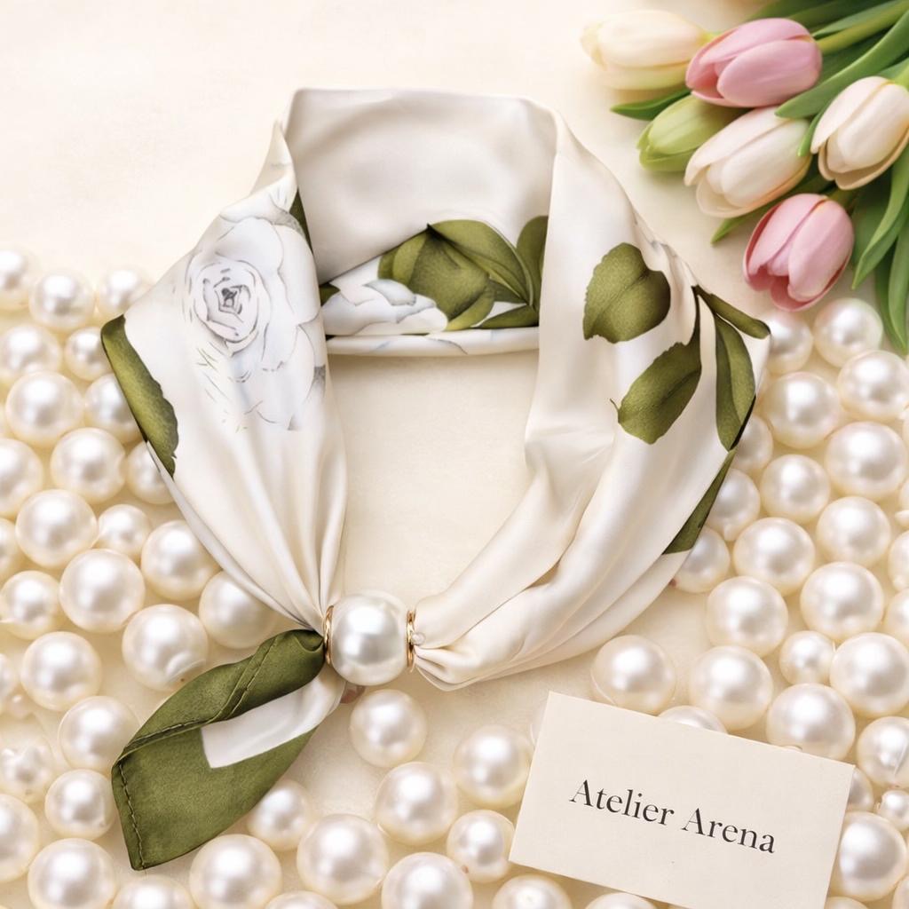 Silk Scarf with Pearl - Green Cream Floral Print