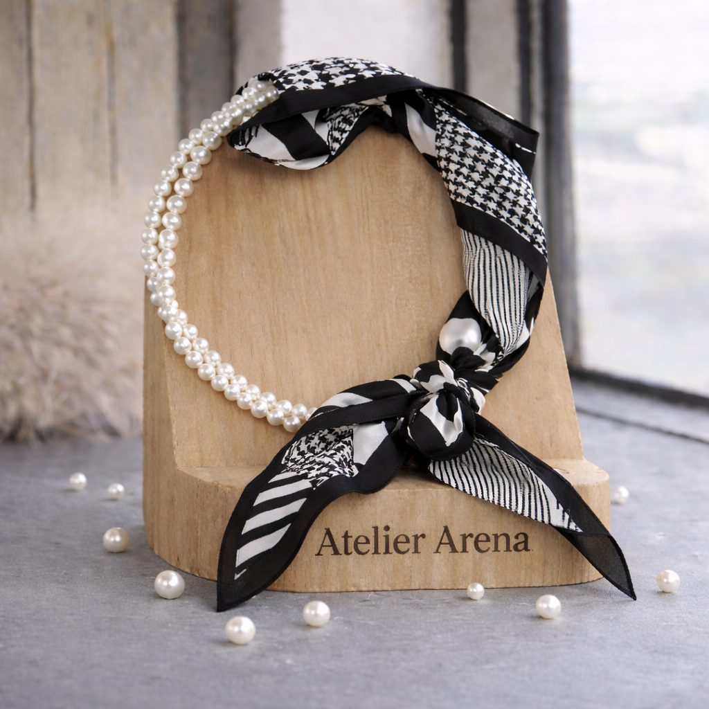 Black and White Scarf with Pearl Necklace
