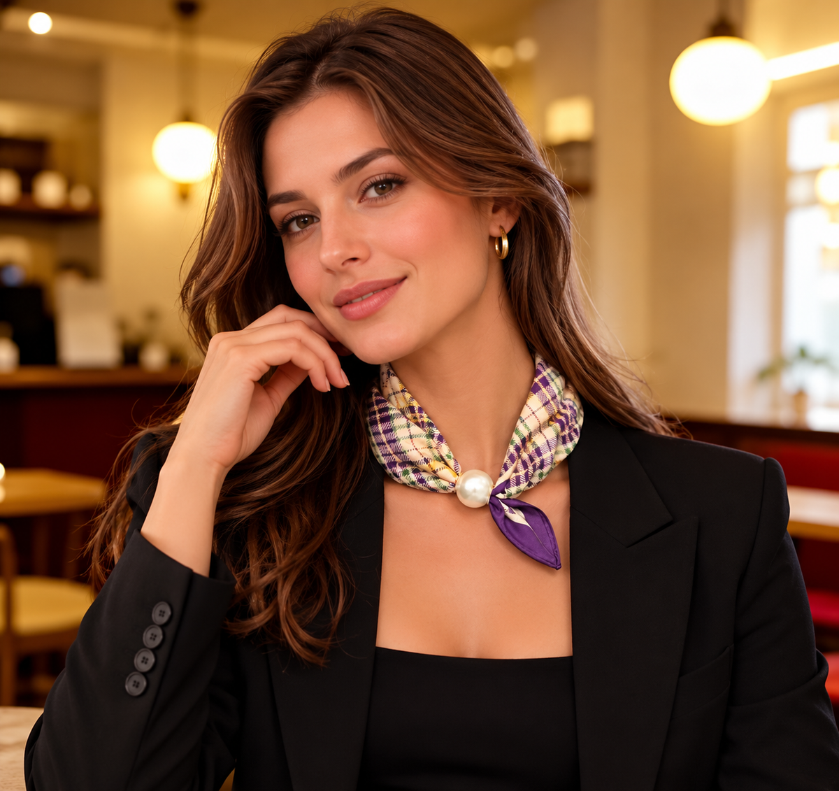 Purple Plaid Scarf with Pearl Clasp
