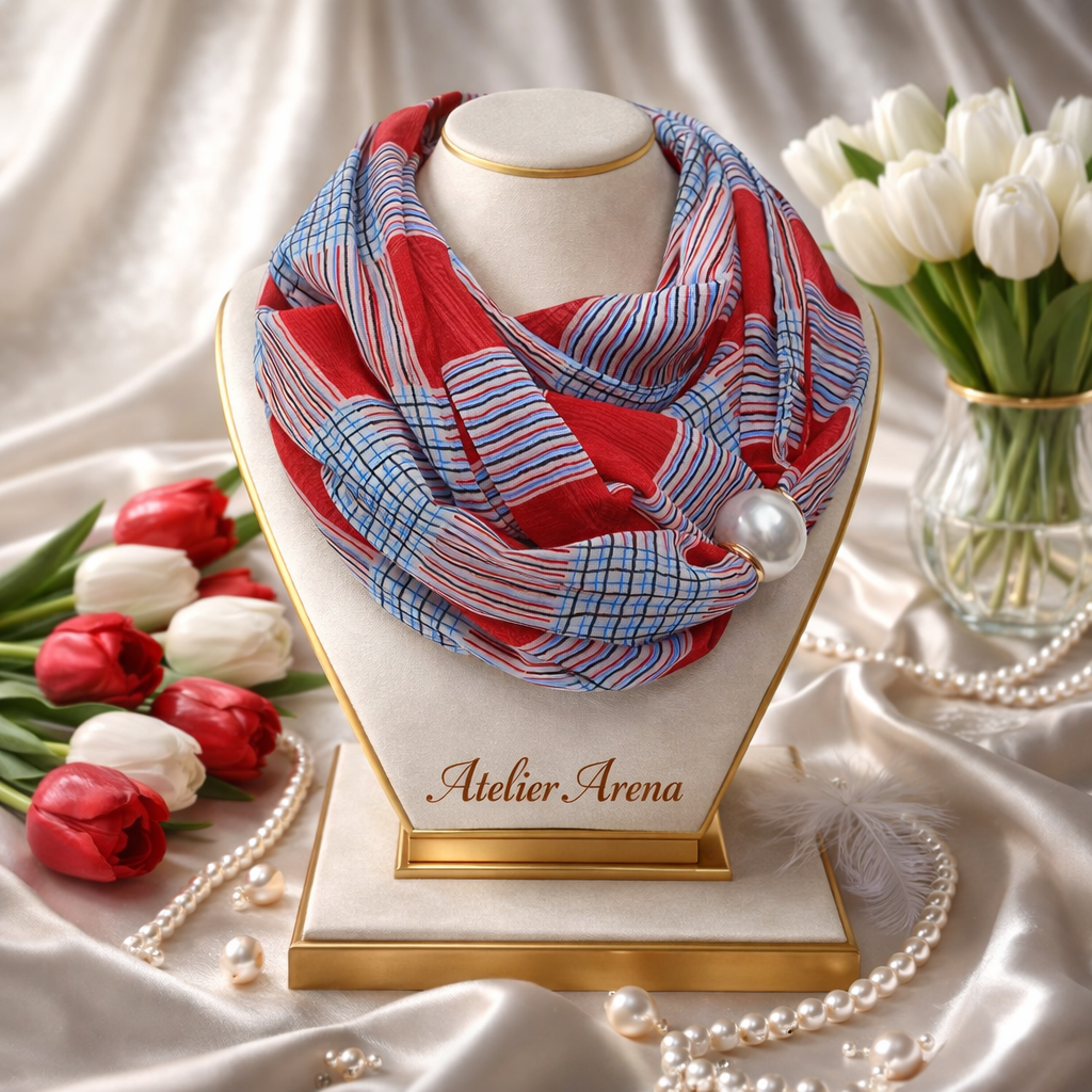 Red Scarf with Stripe and Check Pattern and Pearl