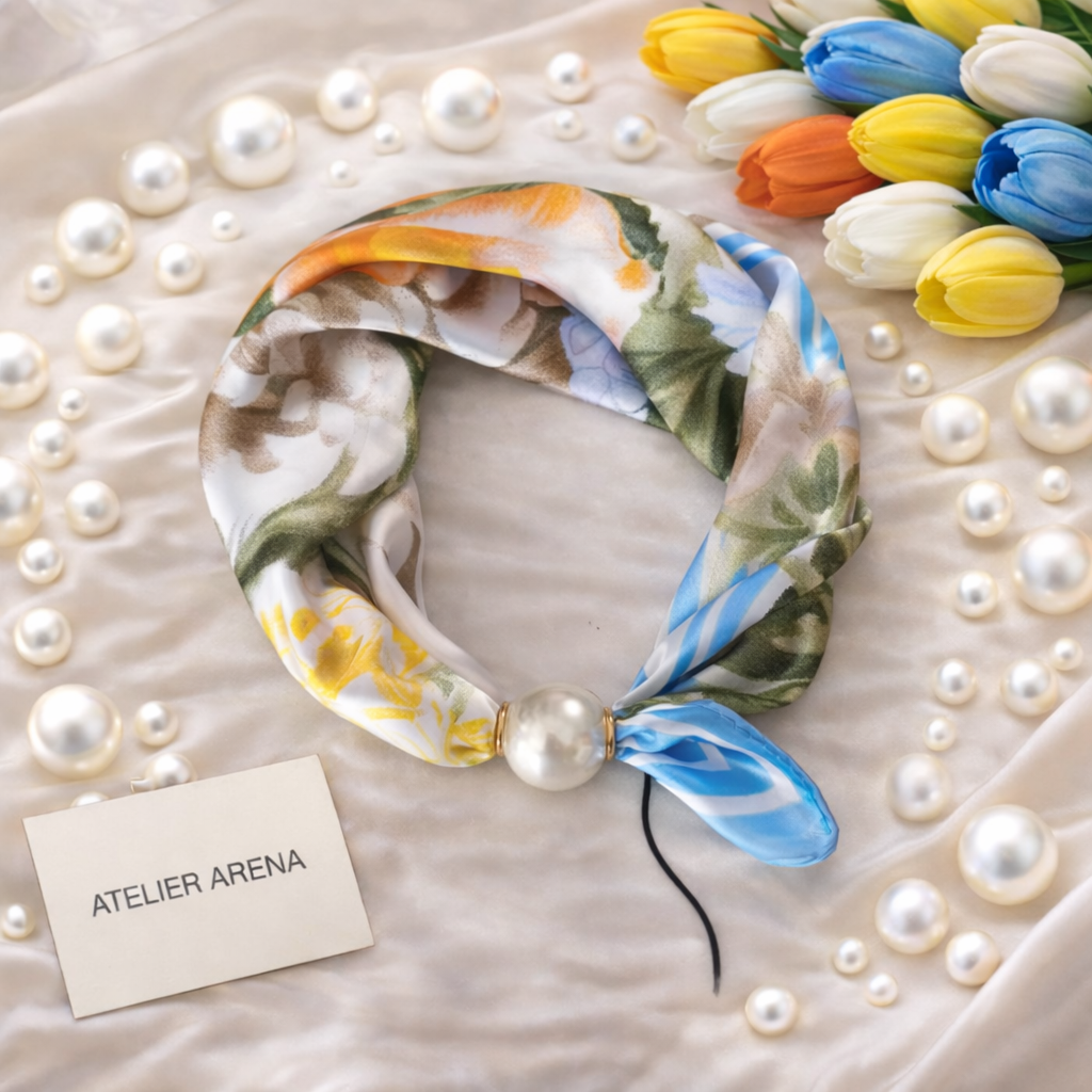 Silk Scarf with Floral Print and Pearl