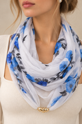 White Scarf with Blue Flower Print