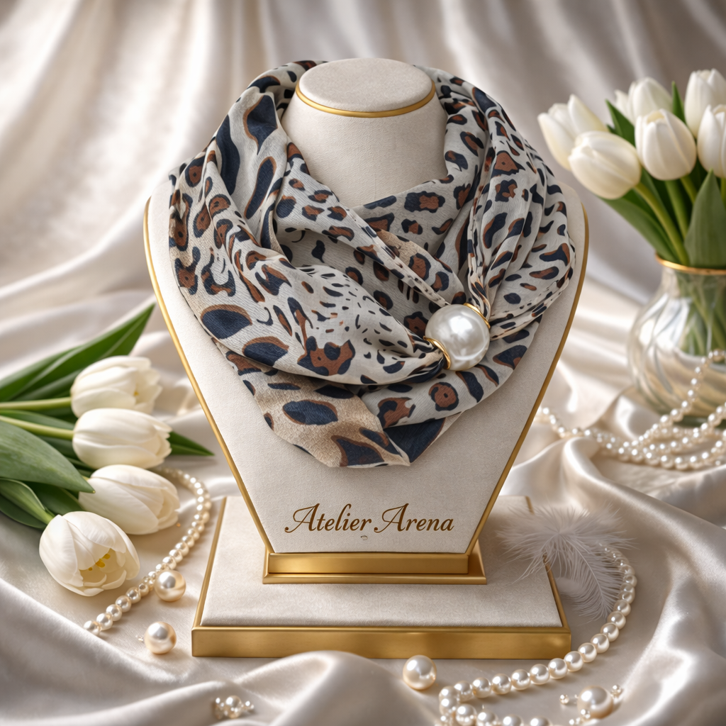 Beige Leopard Print Scarf with Pearl
