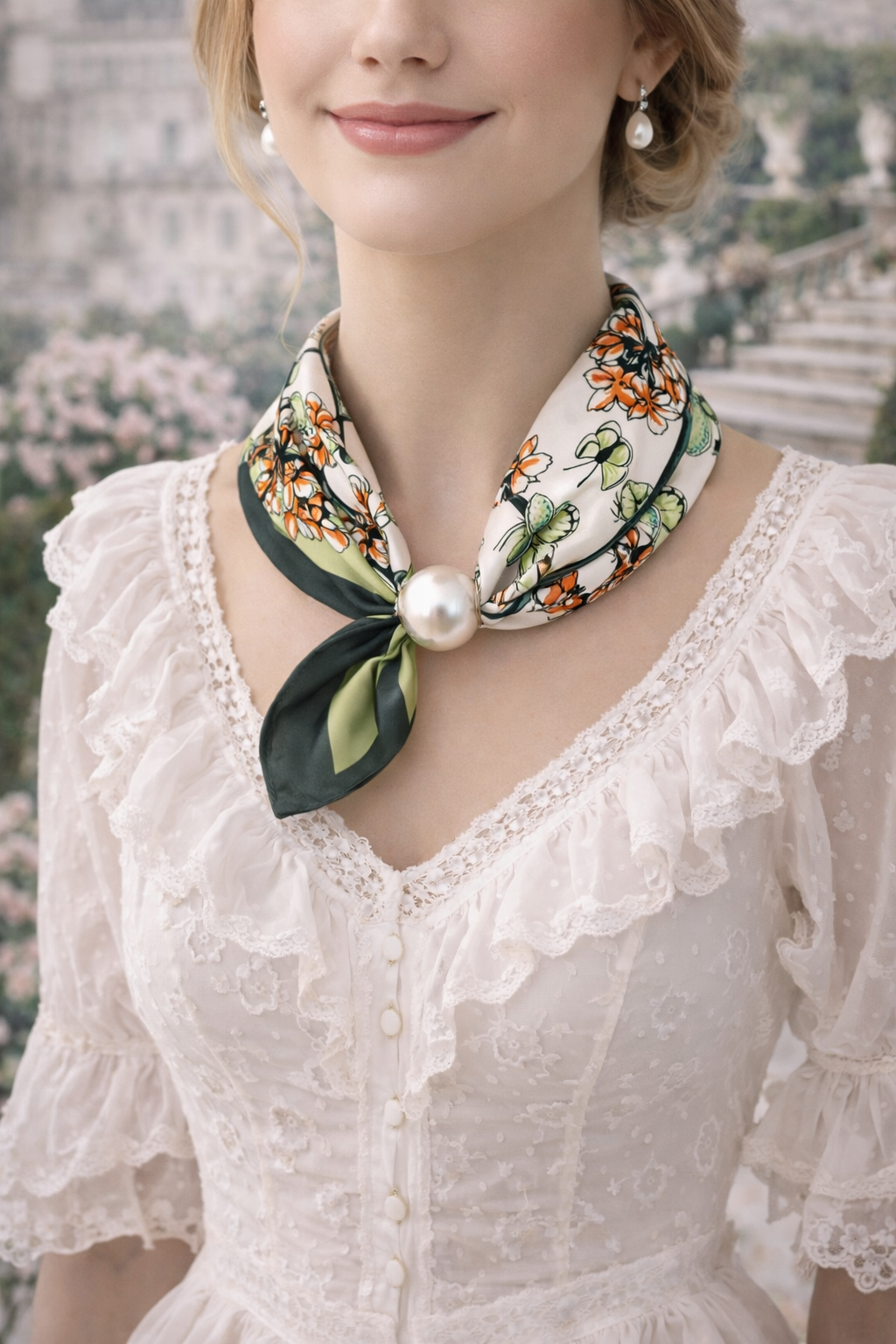 Floral Print Scarf Green with Pearl