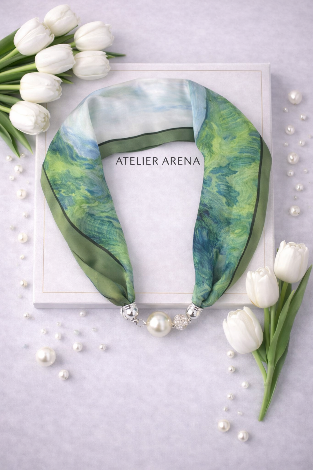 Green-Blue Silk Scarf with Watercolor Effect and Pearl