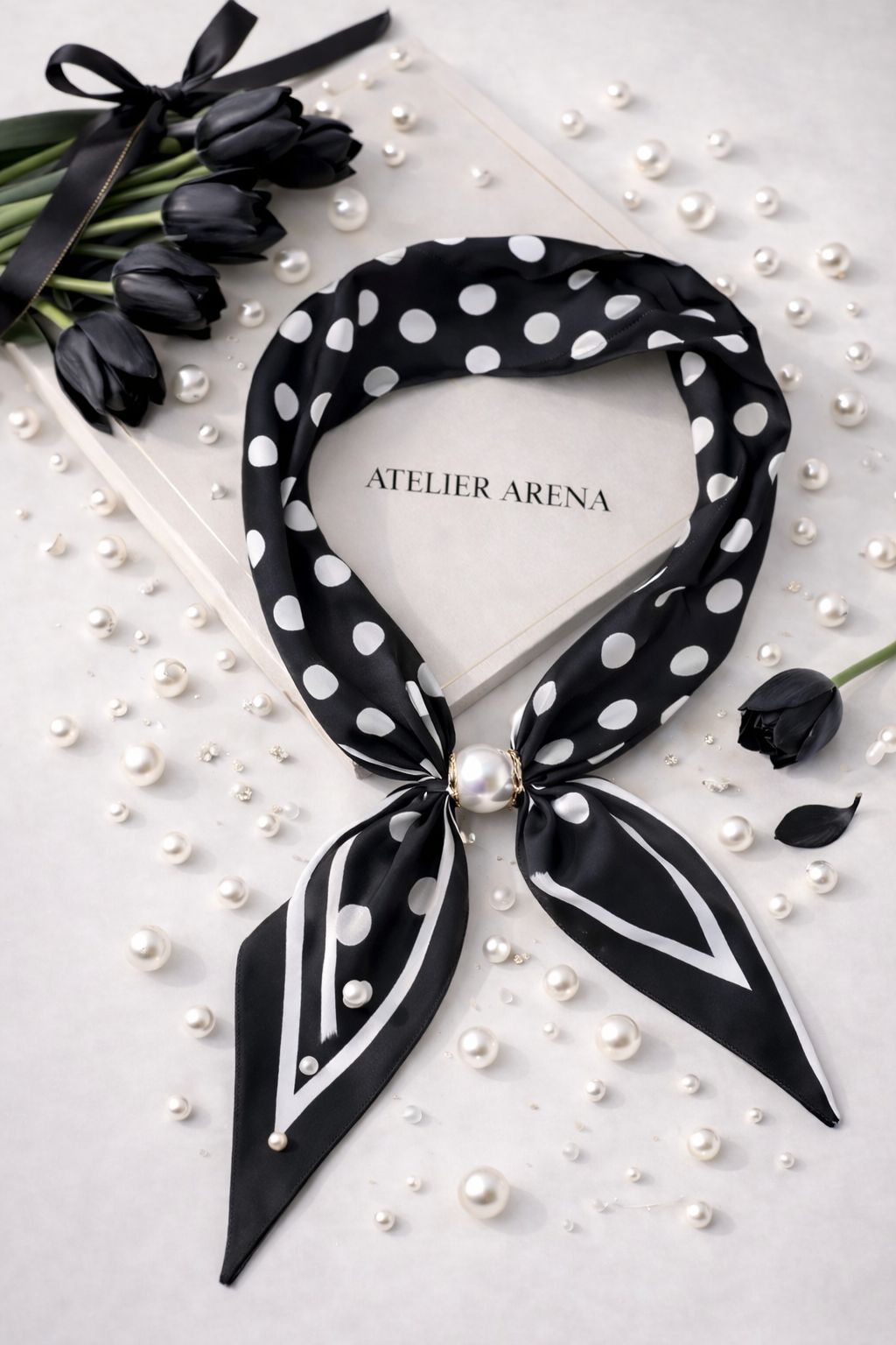 Black Scarf with White Dots and Stripes and Pearls