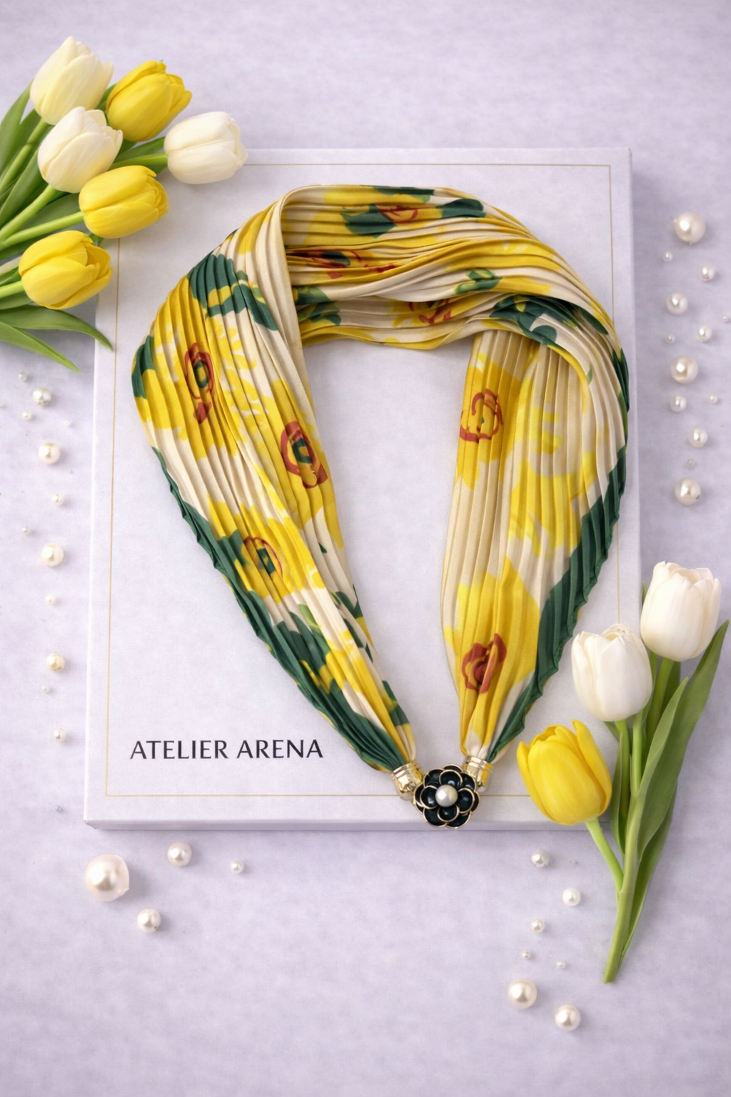 Yellow-Green Pleated Scarf with Floral Print
