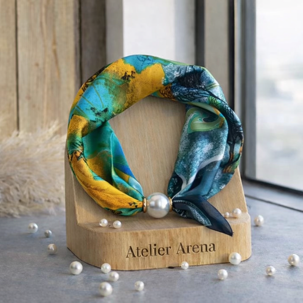 Silk Scarf Turquoise-Yellow with Pearl