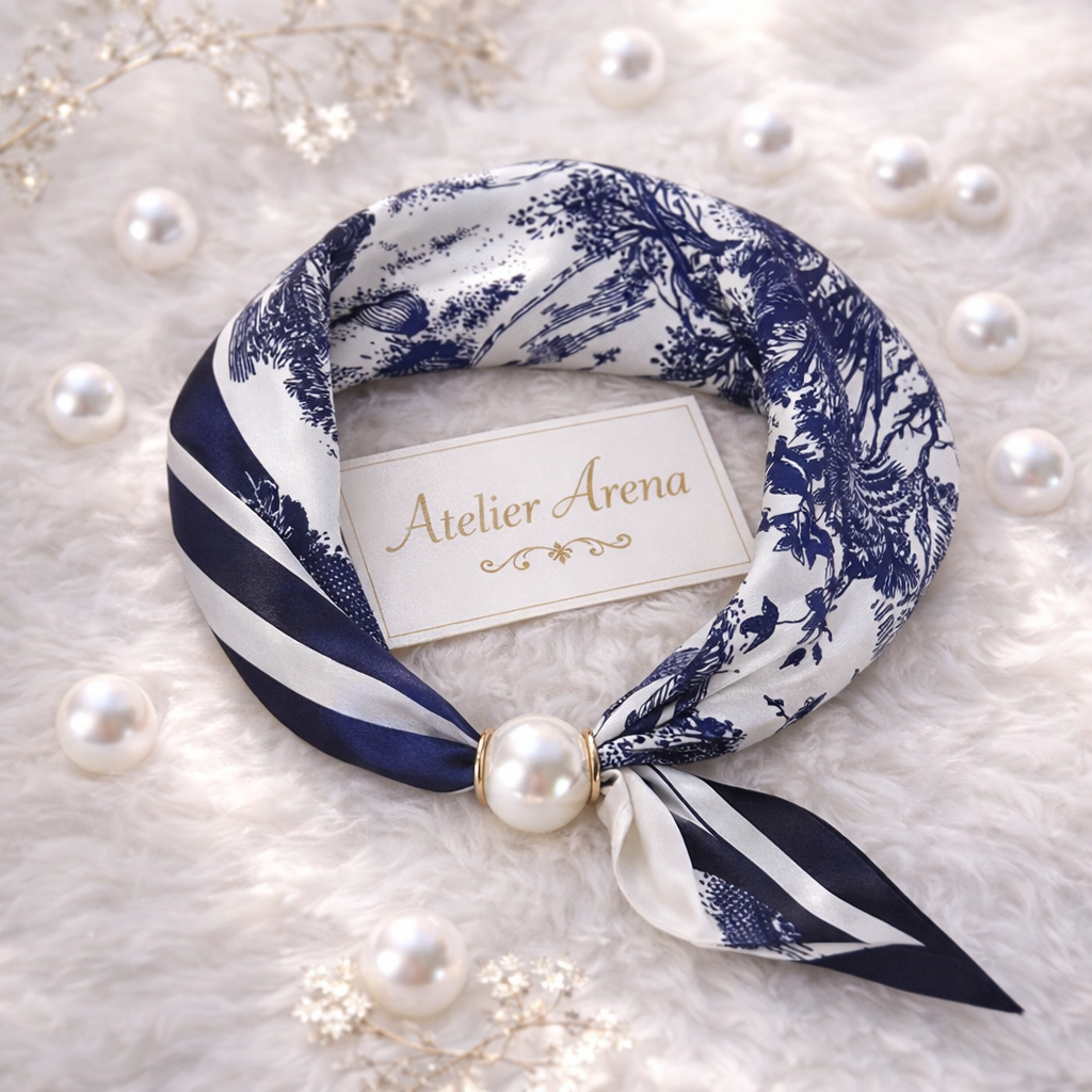 Scarf with Toile de Jouy print and pearl accent
