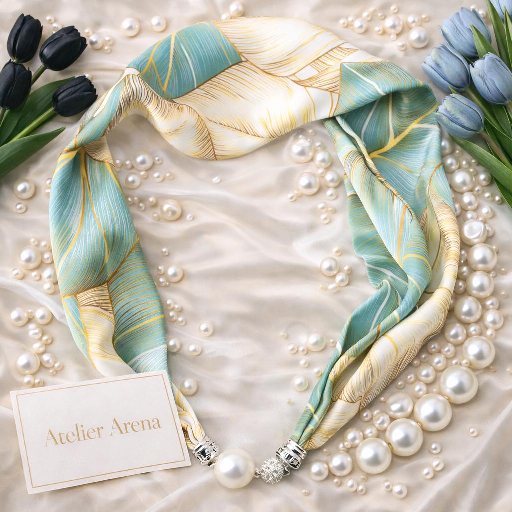 Turquoise Gold Scarf with Leaf Motif and Pearl Necklace