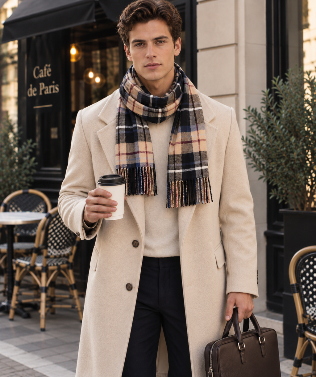 Classic Plaid Scarf Unisex – Beige & Dark Blue