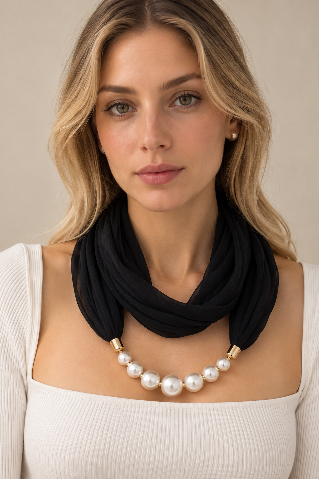 Black Scarf Necklace with Pearls