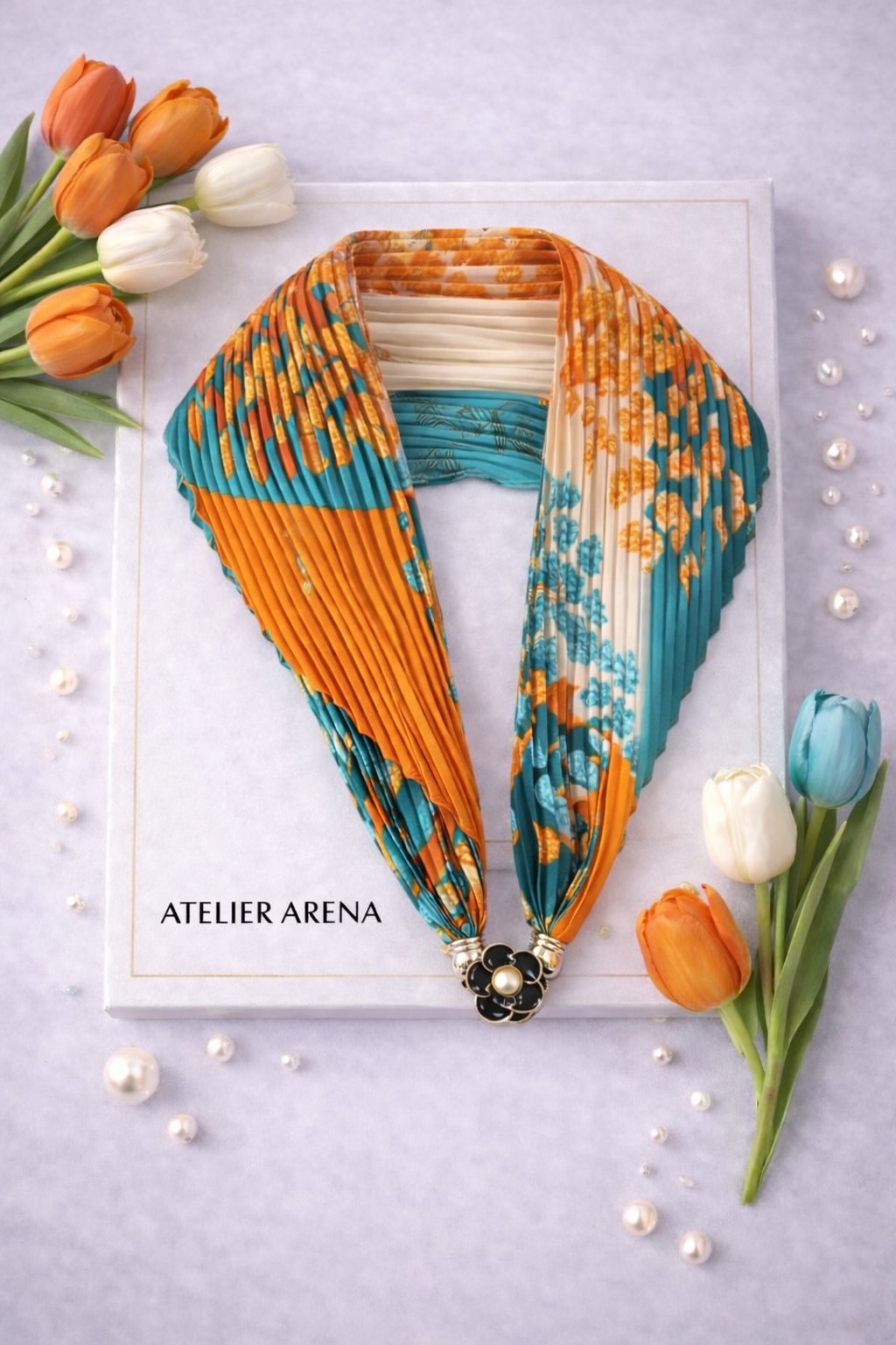 Orange-Turquoise Pleated Scarf with Floral Print